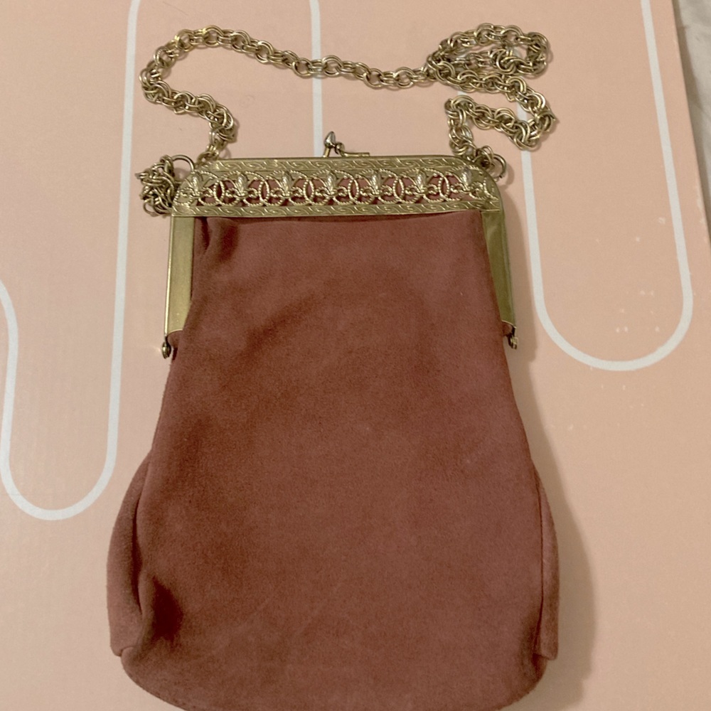 Vintage Suede gold clasp gold chain shoulder bag
